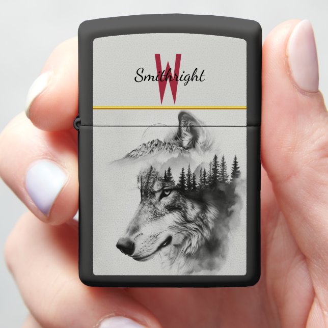 Wolf silhouette merges with mountains zippo lighter (In Hand)