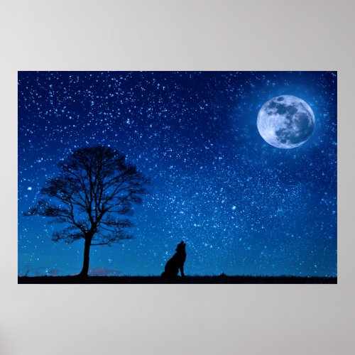 Wolf silhouette starry sky poster