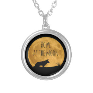 Wolf Silhouetted in Bright Moon Silver Plated Necklace