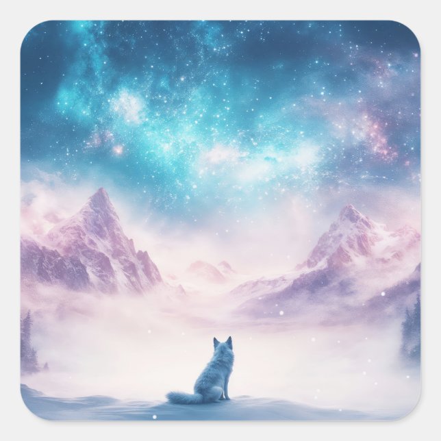 Wolf Sitting in Snowy Winter Mountain Landscape Square Sticker (Front)