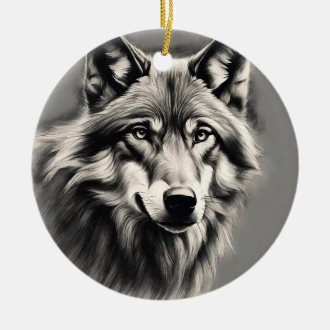 Wolf Sketch Ceramic Ornament (Front)