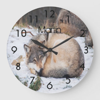 Wolf sleeping snow large clock