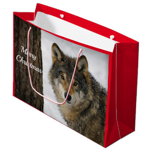 Wolf Snow Tree Photo Christmas Large Gift Bag
