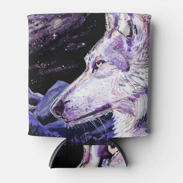 Wolf Space Mountains Forest Painting Can Cooler (Front)