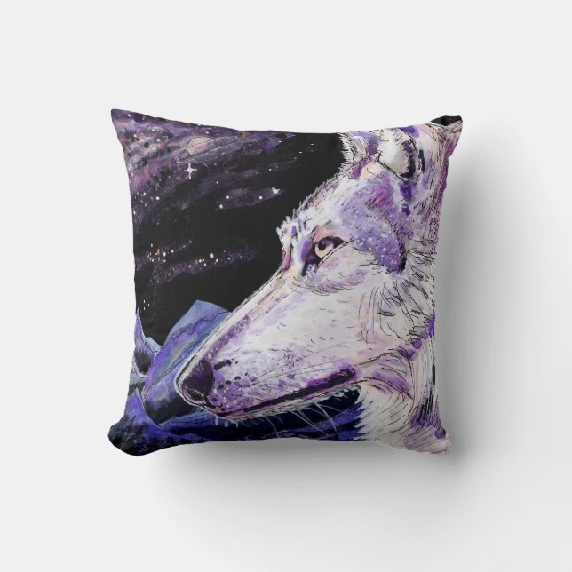 Wolf Space Mountains Forest Painting Throw Pillow (Front)