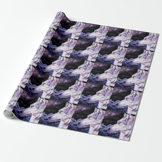 Wolf Space Mountains Forest Painting Wrapping Paper (Unrolled)