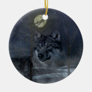 Wolf Spirit Moon Night Ceramic Ornament