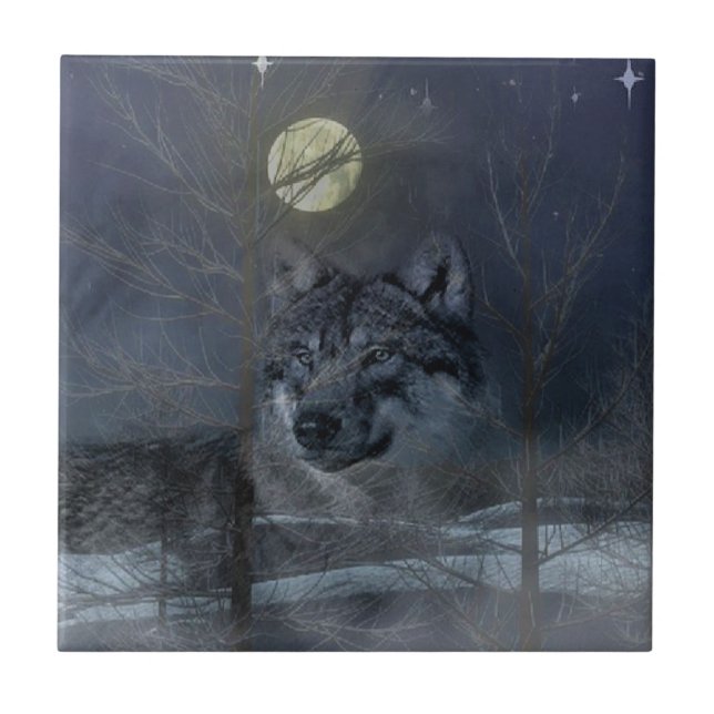 Wolf Spirit Moon Night Ceramic Tile (Front)