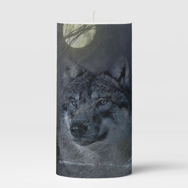 Wolf Spirit Moon Night Pillar Candle (Front)