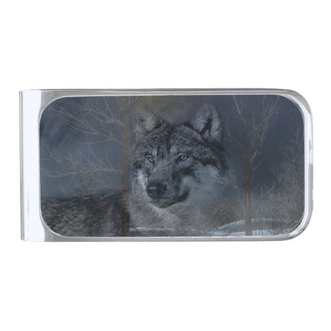 Wolf Spirit Moon Night Silver Finish Money Clip (Front)