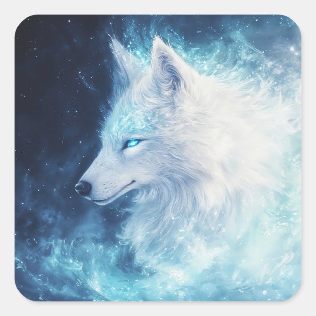 Wolf Spirit with Glowing Eyes in Galaxy Nebula Square Sticker (Front)