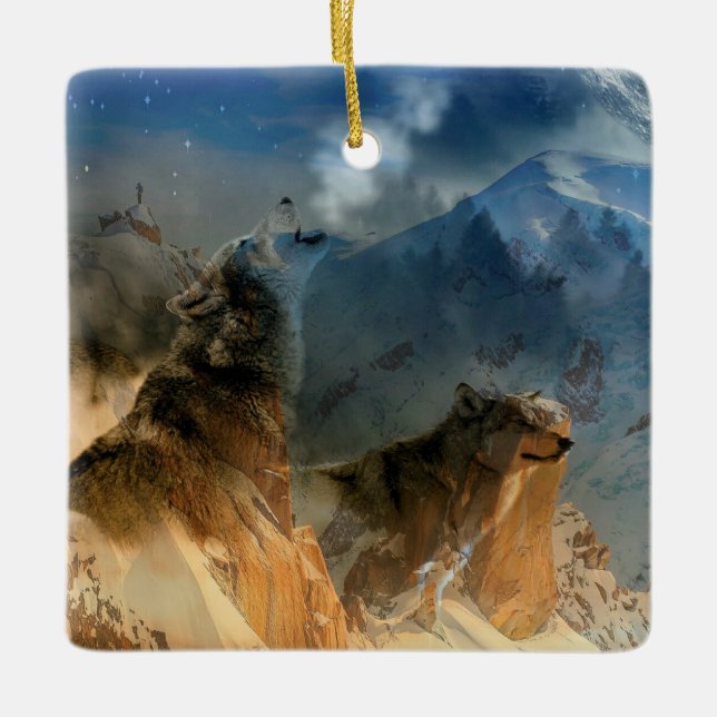Wolf Spirits in Mountain Mist Ceramic Ornament (Front)