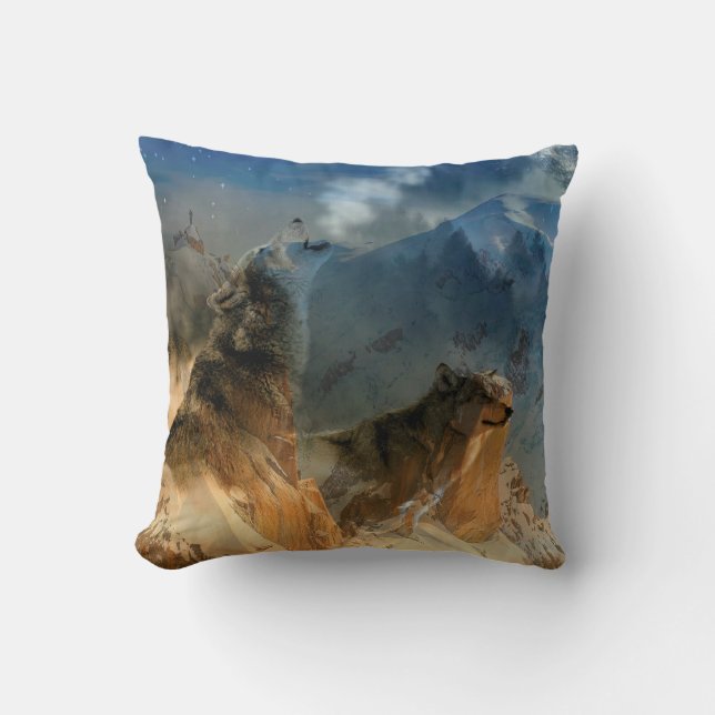 Wolf Spirits in Mountain Mist Throw Pillow (Front)