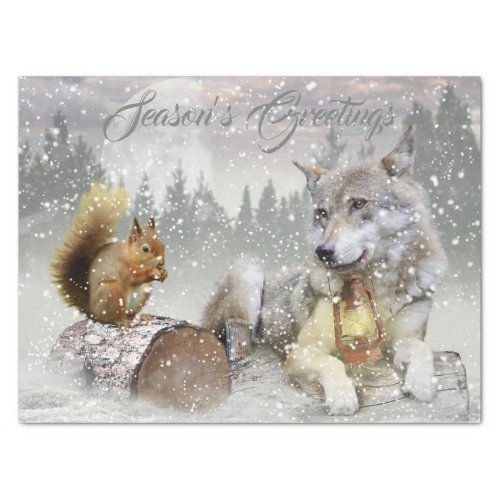 Wolf Squirrel Winter Snow Forest Moon Landscape Tissue Paper