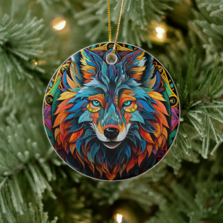 Wolf Stained Glass Ceramic Tree Decoration