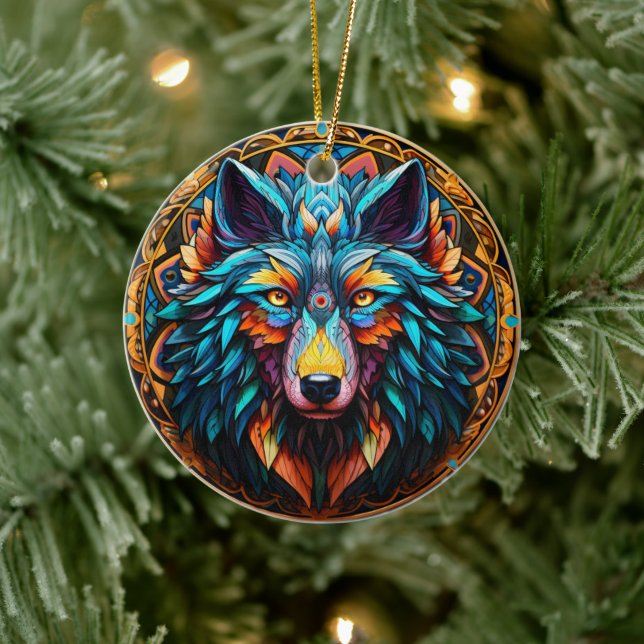 Wolf Stained Glass Ceramic Tree Decoration (Tree)