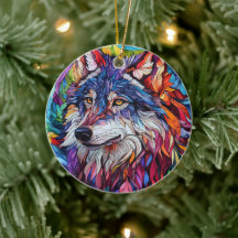Wolf Stained Glass Ceramic Tree Decoration