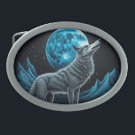 Wolf Standing in Front of the Full Moon | AI art Belt Buckle<br><div class="desc">Blue and black fantasy art depicting a lone wolf standing on a mountain in front of a full moon. Ai generated art.</div>