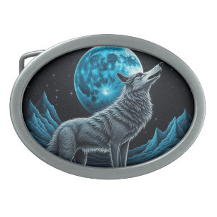 Wolf Standing in Front of the Full Moon AI art Belt Buckle