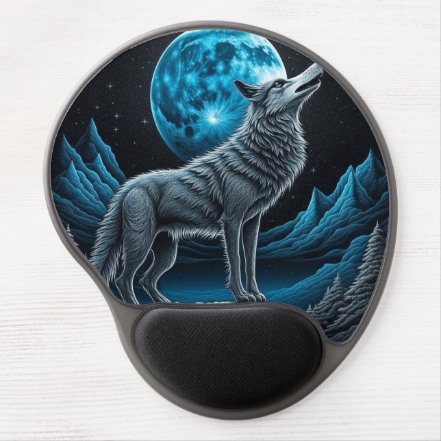 Wolf Standing in Front of the Full Moon | AI art Gel Mouse Pad (Front)