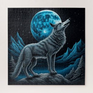 Wolf Standing in Front of the Full Moon AI art Jigsaw Puzzle
