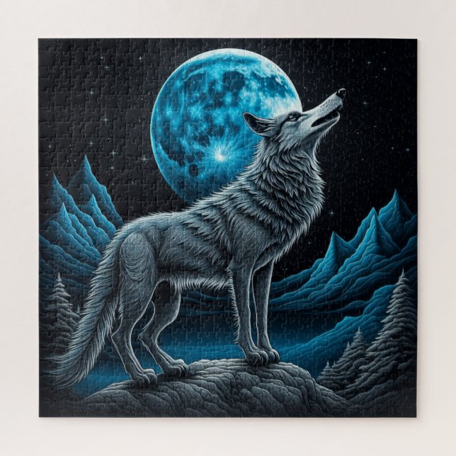 Wolf Standing in Front of the Full Moon | AI art Jigsaw Puzzle (Vertical)