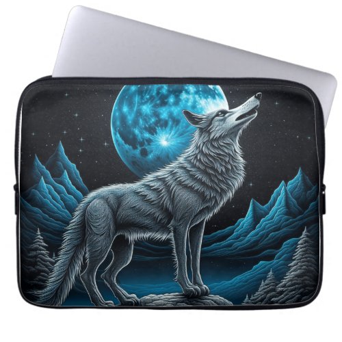 Wolf Standing in Front of the Full Moon  AI art Laptop Sleeve