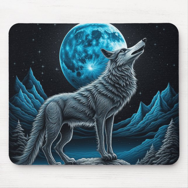 Wolf Standing in Front of the Full Moon | AI art Mouse Pad (Front)