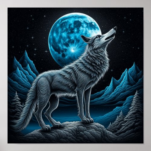 Wolf Standing in Front of the Full Moon  AI art Poster