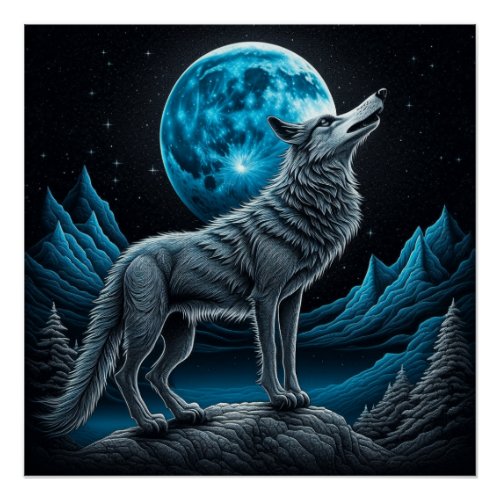 Wolf Standing in Front of the Full Moon  AI art Poster