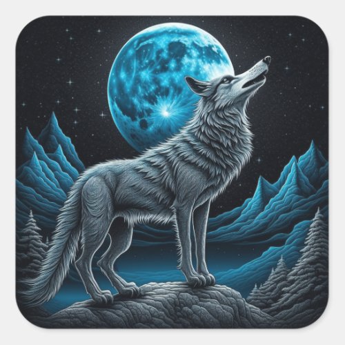 Wolf Standing in Front of the Full Moon  AI art Square Sticker