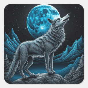 Wolf Standing in Front of the Full Moon AI art Square Sticker