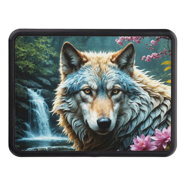 Wolf Standing in river with flowers Hitch Cover (Front)