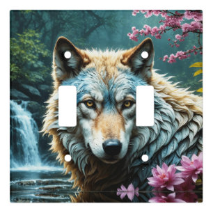 Wolf Standing in river with flowers Light Switch Cover