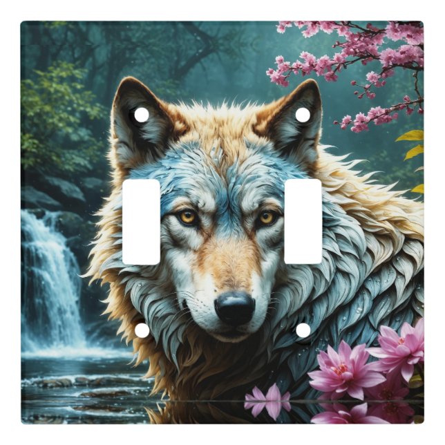 Wolf Standing in river with flowers Light Switch Cover (Front)