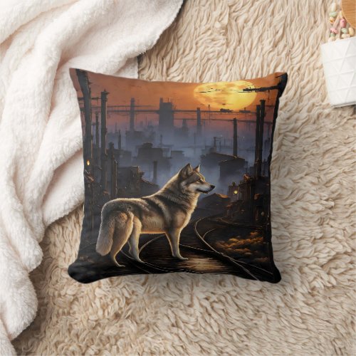 Wolf Standing Proud on Train Tracks at Dusk Throw Pillow