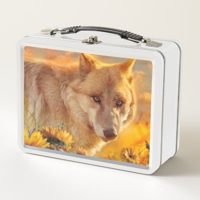 WOLF SUNRISE SPRING FLOWERS METAL LUNCH BOX (Front)