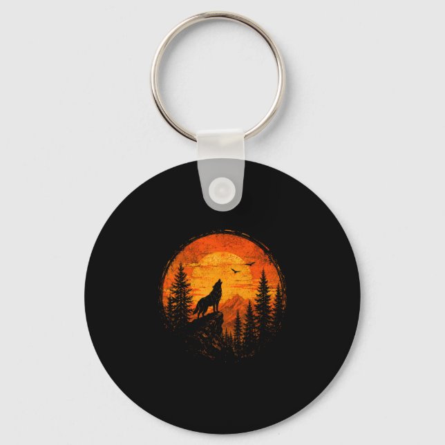 Wolf sunset mountain forest wilderness nature keychain (Front)