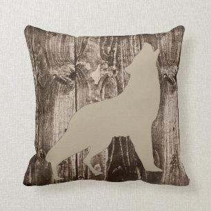 Wolf (Tan Brown) Wildlife on Rustic Wood Cabin Throw Pillow