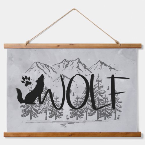 Wolf Text Graphic Art Animal Nature Mountains Hanging Tapestry