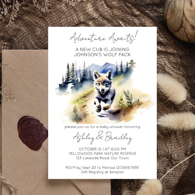 Wolf themed adventure awaits baby shower invitation (Adventure awaits wolf themed baby shower editable template invitation watercolor wolf cub wilderness)