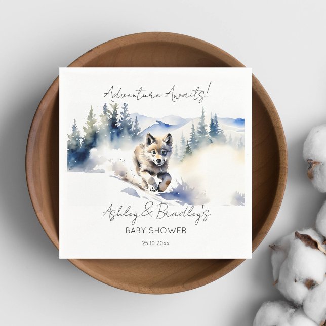 Wolf themed adventure awaits baby shower napkins (Wolf themed baby shower tableware personalized napkins watercolor cute wolf cub in Alaska wilderness)