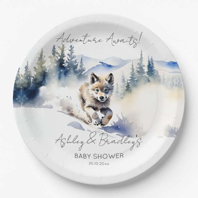 Wolf themed adventure awaits baby shower paper plates (Front)