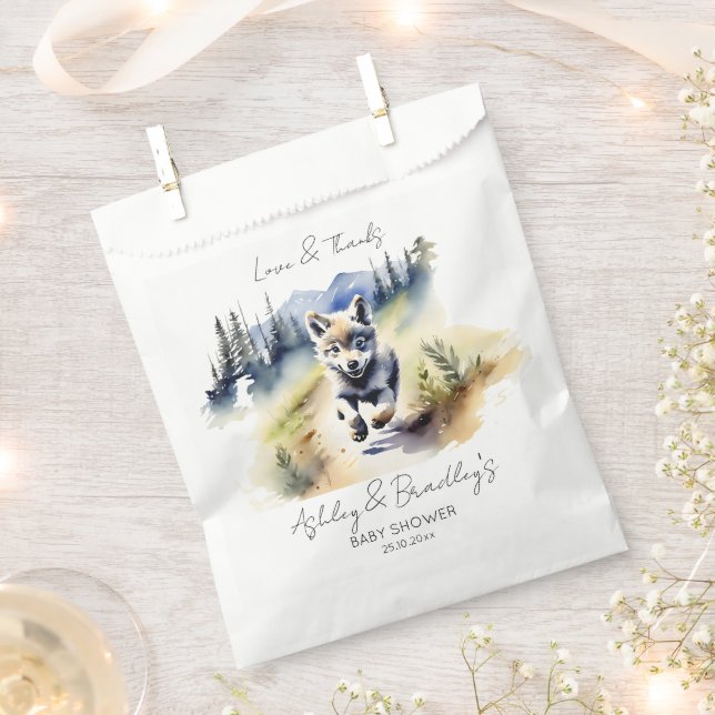 Wolf themed adventure awaits baby shower tableware favor bag (Clipped)
