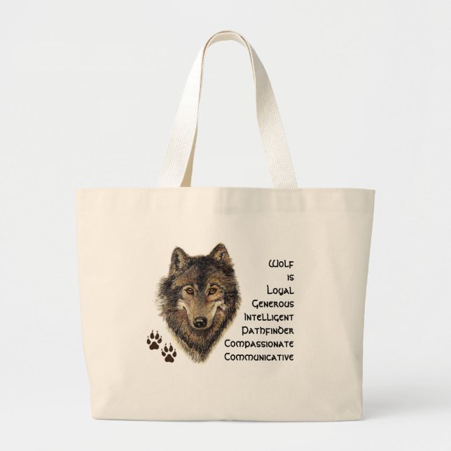 Wolf Totem, Animal Guide Inspirational Grey Wolf Large Tote Bag (Front)