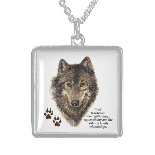 Wolf Totem Animal Guide Watercolor Nature Art Sterling Silver Necklace