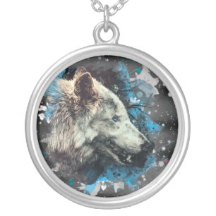 *~* Wolf Totem Blue Abstract Polyester Boho Round Silver Plated Necklace