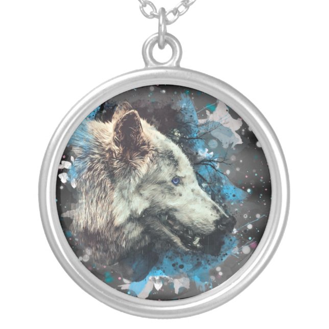 *~* Wolf Totem Blue Abstract Polyester Boho Round Silver Plated Necklace (Front)