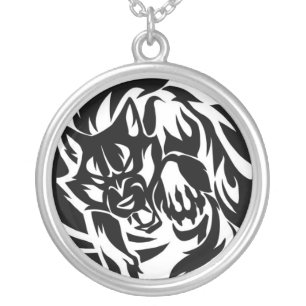 Wolf tribal tattoo silver plated necklace
