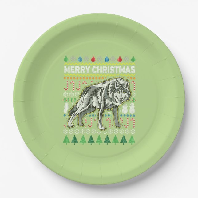 Wolf Ugly Christmas Sweater Wildlife Series Paper Plates (Front)